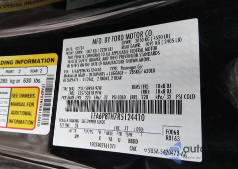 2024 Ford Mustang Ecoboost Premium Fastback z USA, uszkodzony, nr VIN 1FA6P8TH7R5124410